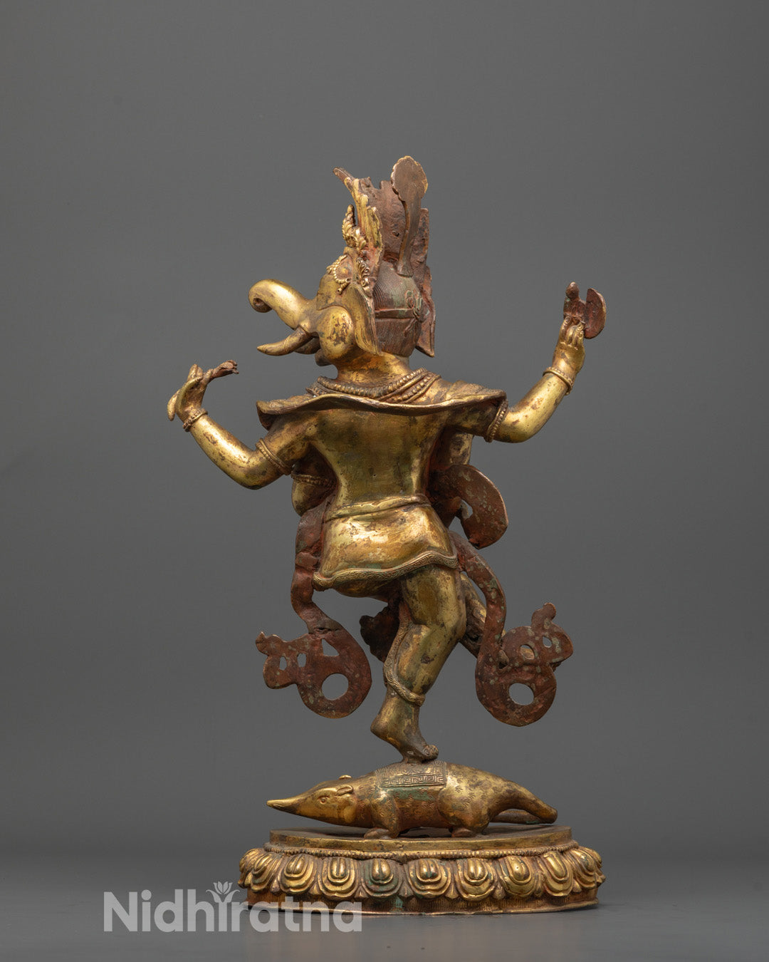 Back-view of High-Quality Copper Ganesha Statue with Intricate Details and Fire Gold Finish
