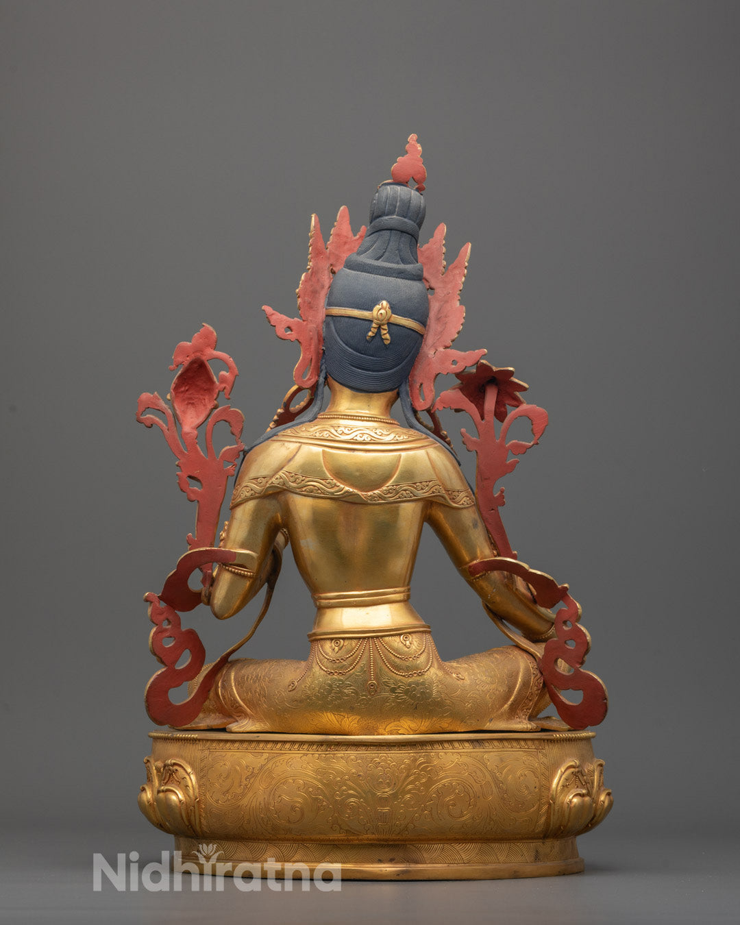 Back-view of Traditional Himalayan Green Tara sculpture with 24k fire-gilded gold finish