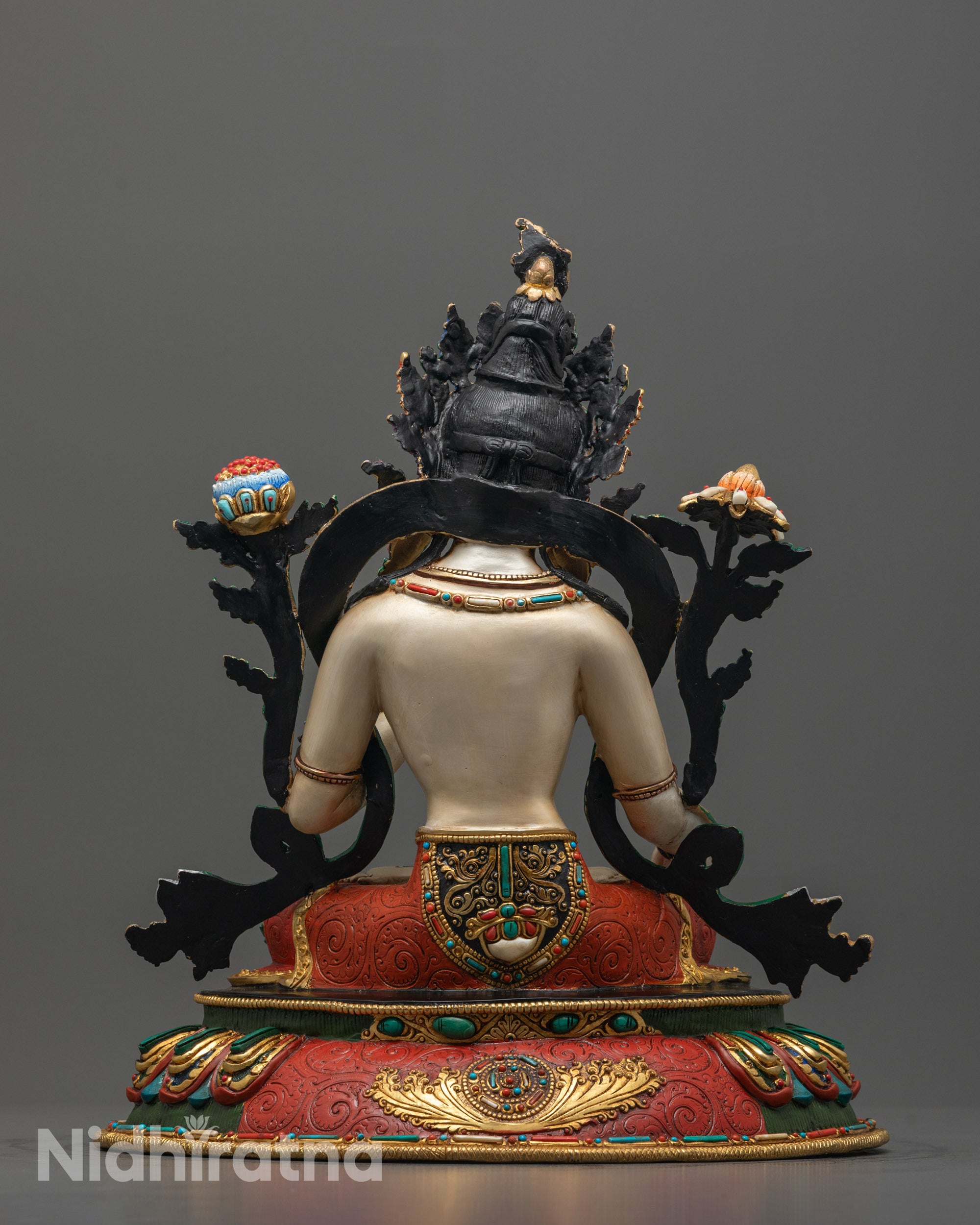 Back View of 24k Gold-Plated White Tara Statue Highlighting Artisan Detailing