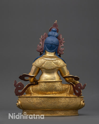 Back View of Himalayan Dzambhala Statue with Intricate Carved Robe Details