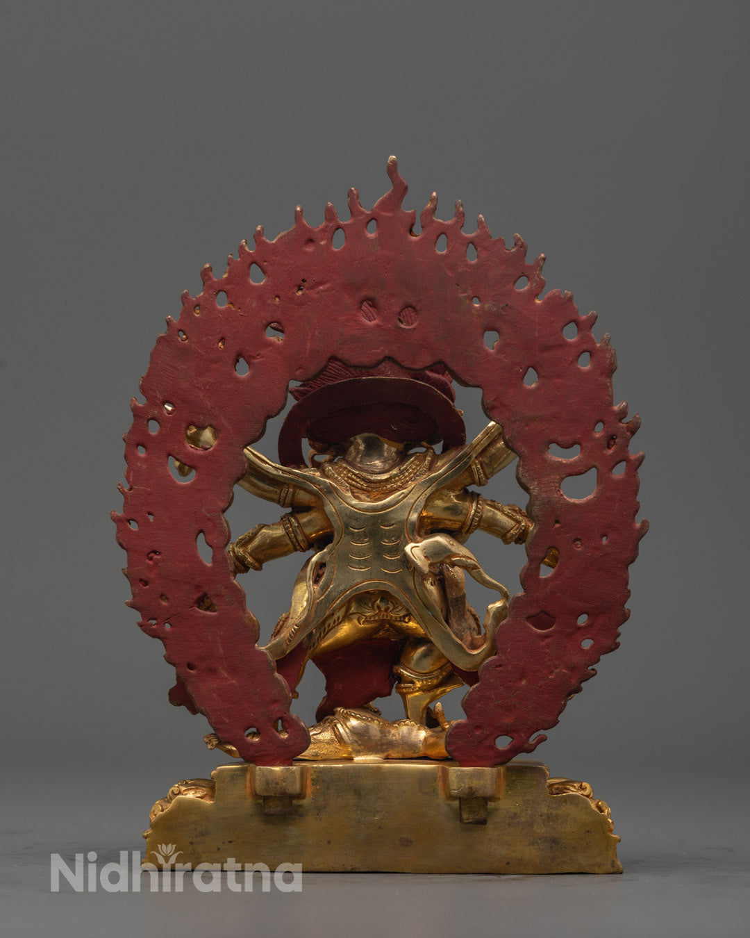 Back View of Intricately Carved Six-Armed Mahakala Sculpture with Sacred Ornaments