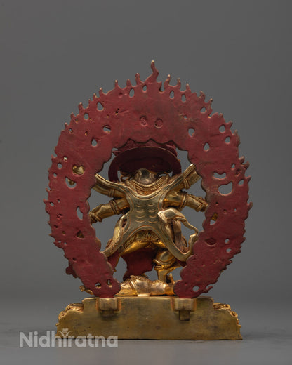 Back View of Intricately Carved Six-Armed Mahakala Sculpture with Sacred Ornaments