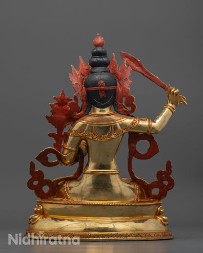 Back View of Manjushri Statue Featuring Intricate Halo and Robe Detailing
