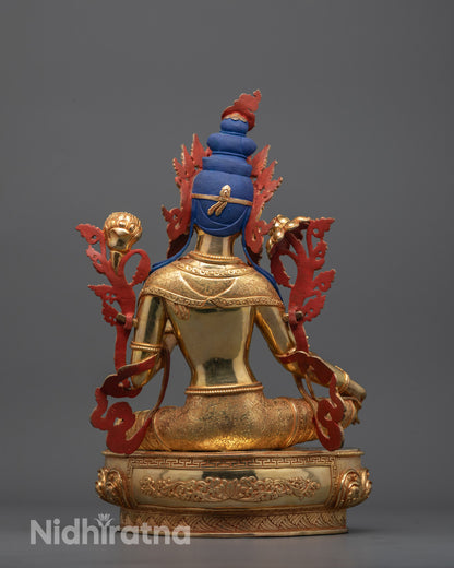 Back View of Nepalese Green Tara Statue Showcasing Detailed Robes and Lotus Base