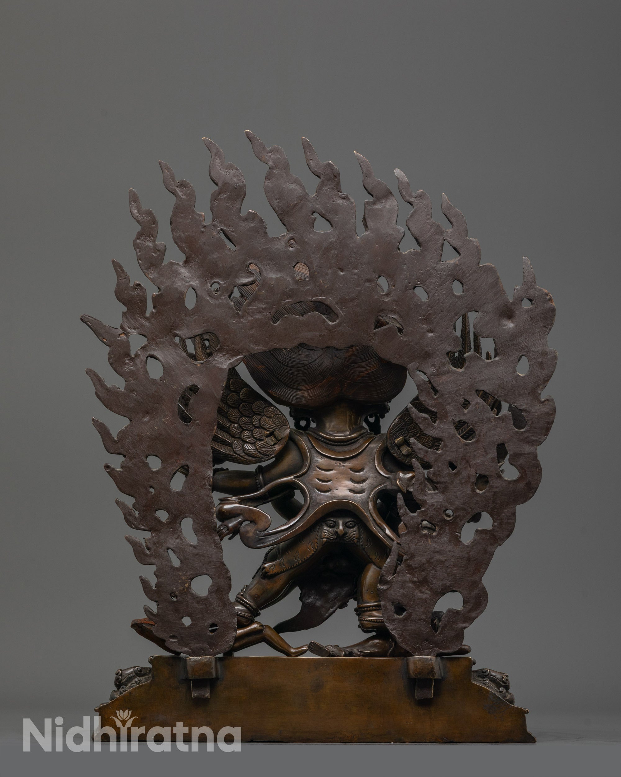 Back View of Oxidized Copper Hayagriva Statue Highlighting Fine Carvings