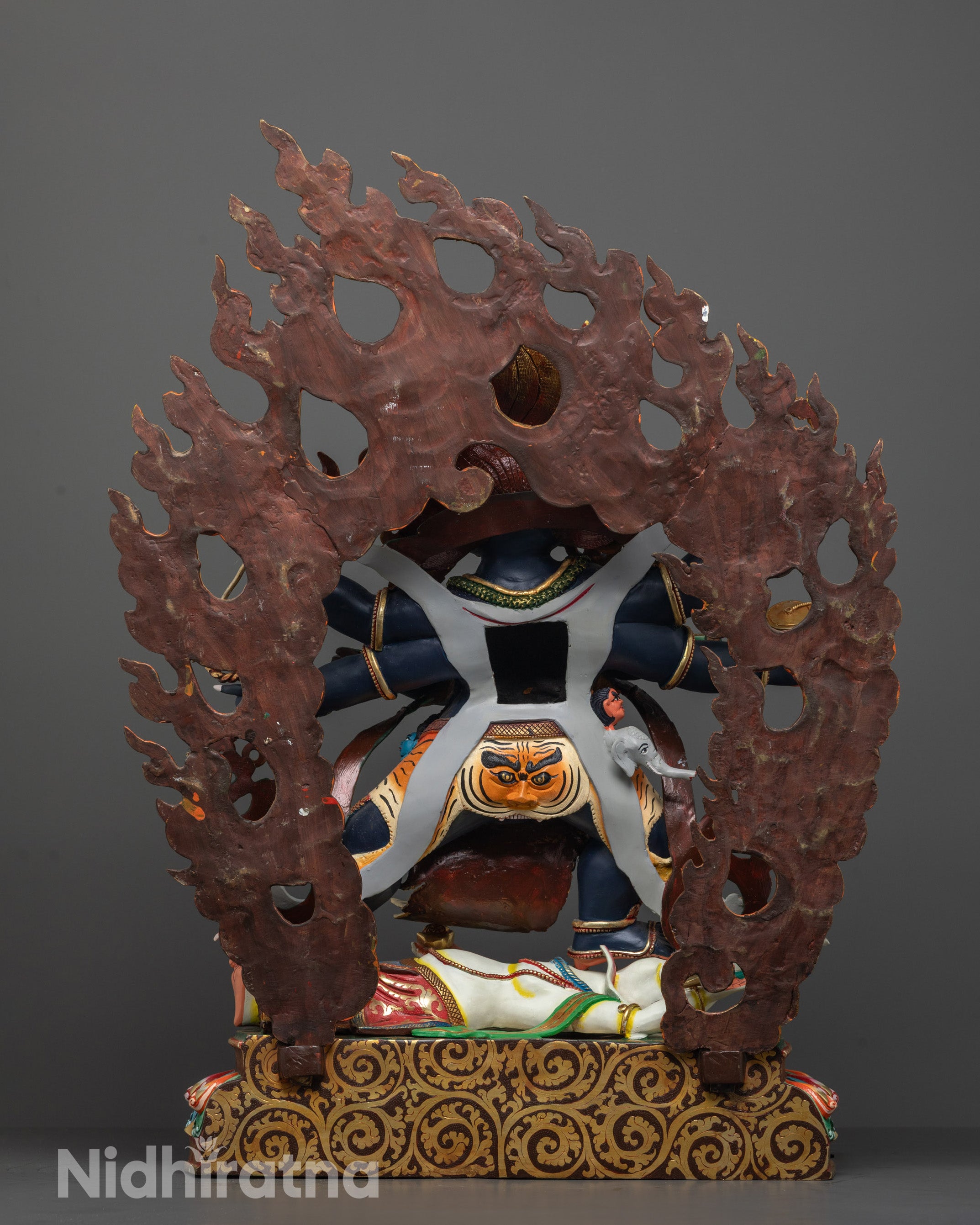 Back View of Six Armed Mahakala Statue – Intricate Robes and Artisan Detailing