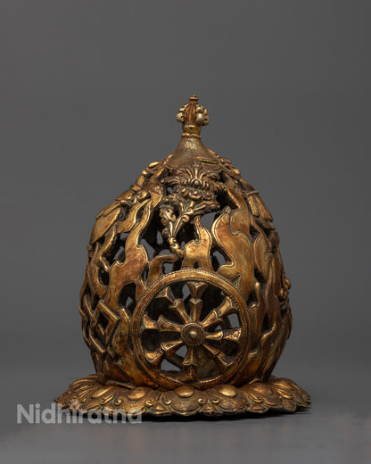 Back and bottom view of hanging incense burner showcasing ornate design work