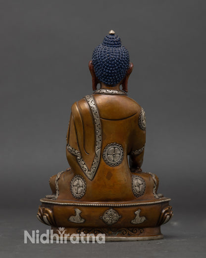 Back and lotus throne detail of Buddha Shakyamuni meditation statue, Himalayan Buddhist art
