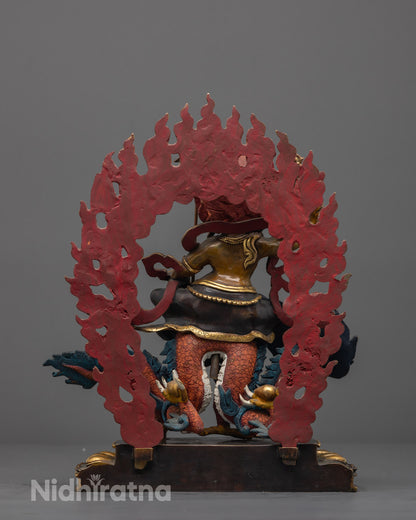 Back angle of White Dzambhala seated on Dragon Kubera with detailed lotus throne