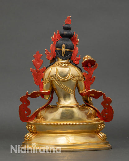 Back detail of White Tara lotus pedestal with intricate floral carvings