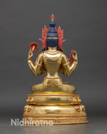 Back of Chenrezig statue with detailed folds of robes and double-layered lotus pedestal