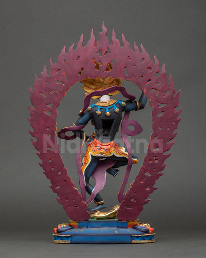 Back of Dakini Simha Mukha statue showing halo and intricate 3D carvings