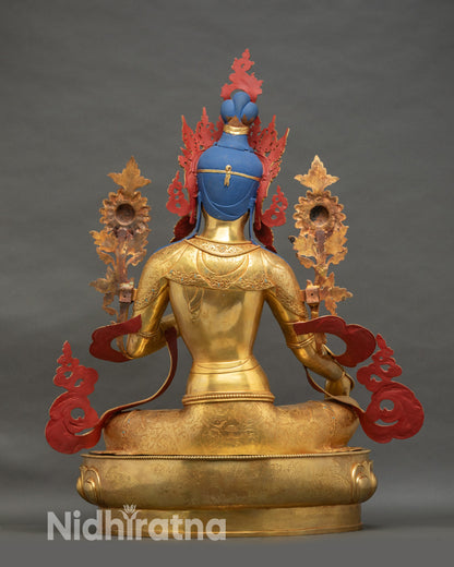 Back of Green Tara statue, engraved lotus throne, handcrafted Nepalese Buddhist art
