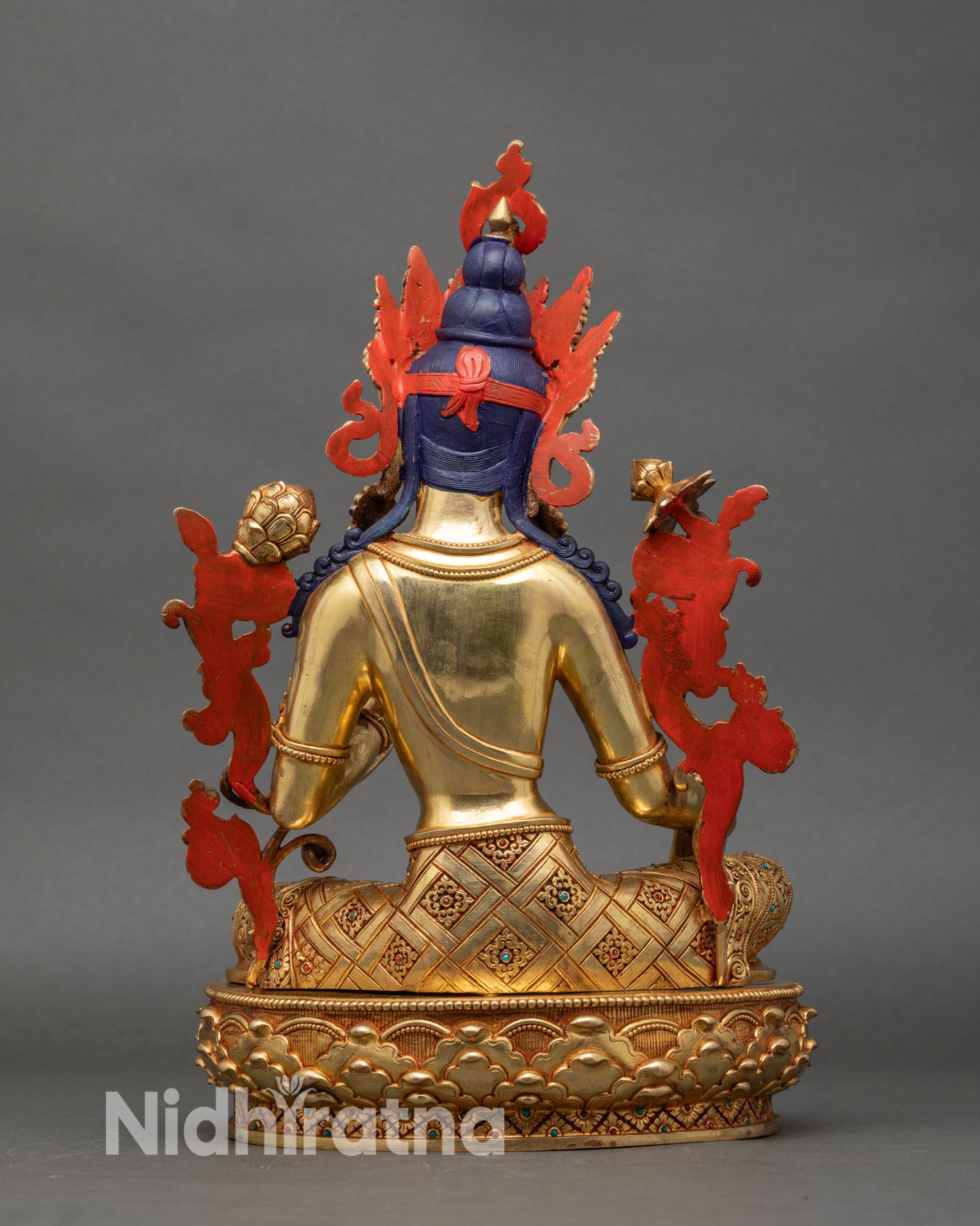 Back-view-Green-Tara-statue-flowing-robes-lotus-jeweled-crown