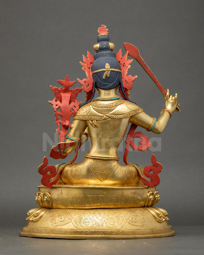 Back of Manjushri Sculpture Showing 3D Carving and Gold Finish