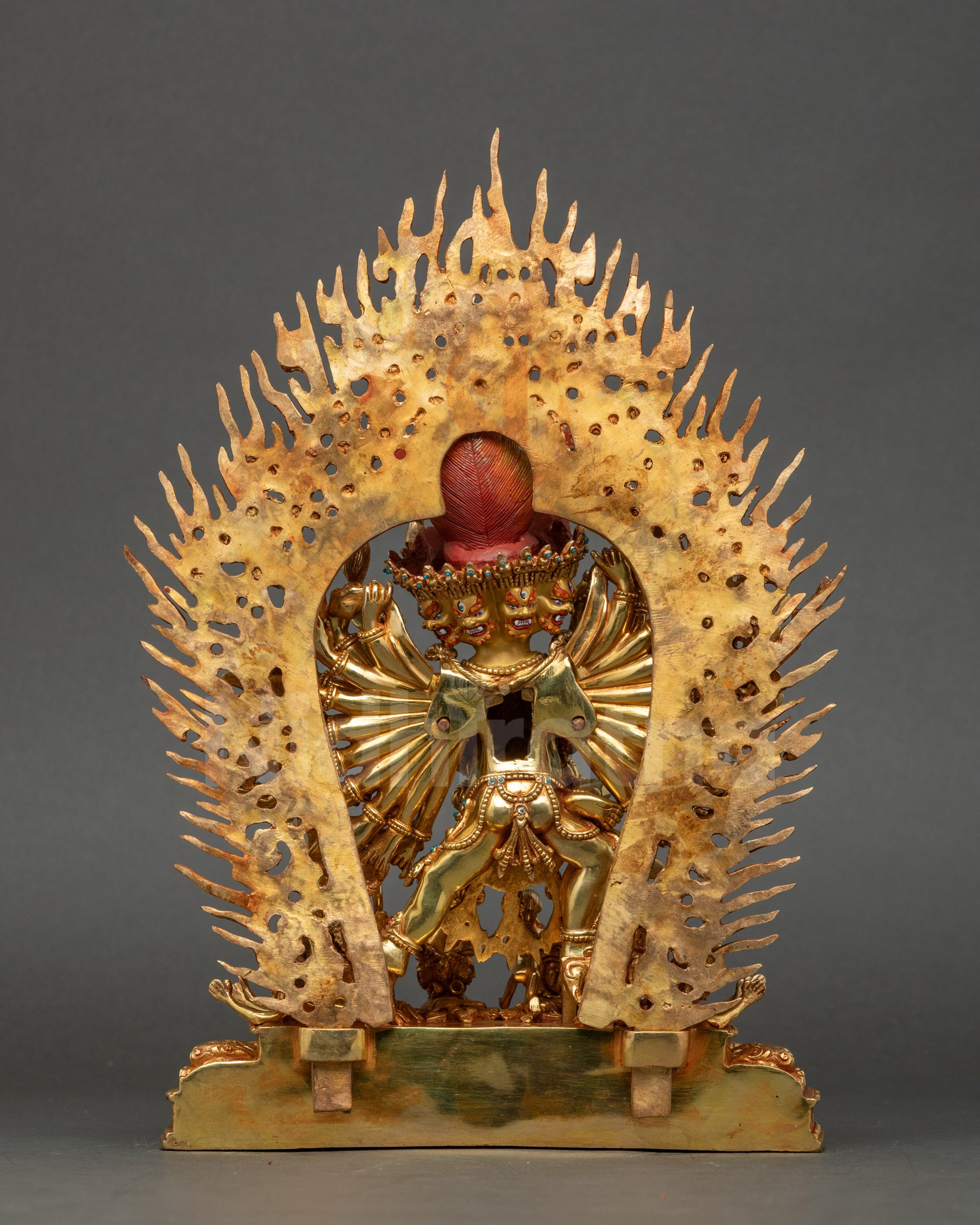 Back of Yamantaka with Consort Statue revealing carved halo, ornate robes, and full Newari artistry