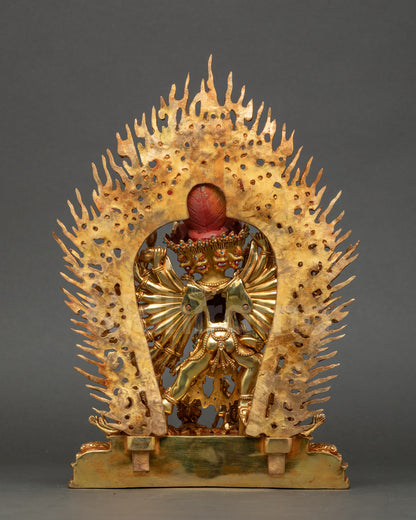 Back of Yamantaka with Consort Statue revealing carved halo, ornate robes, and full Newari artistry