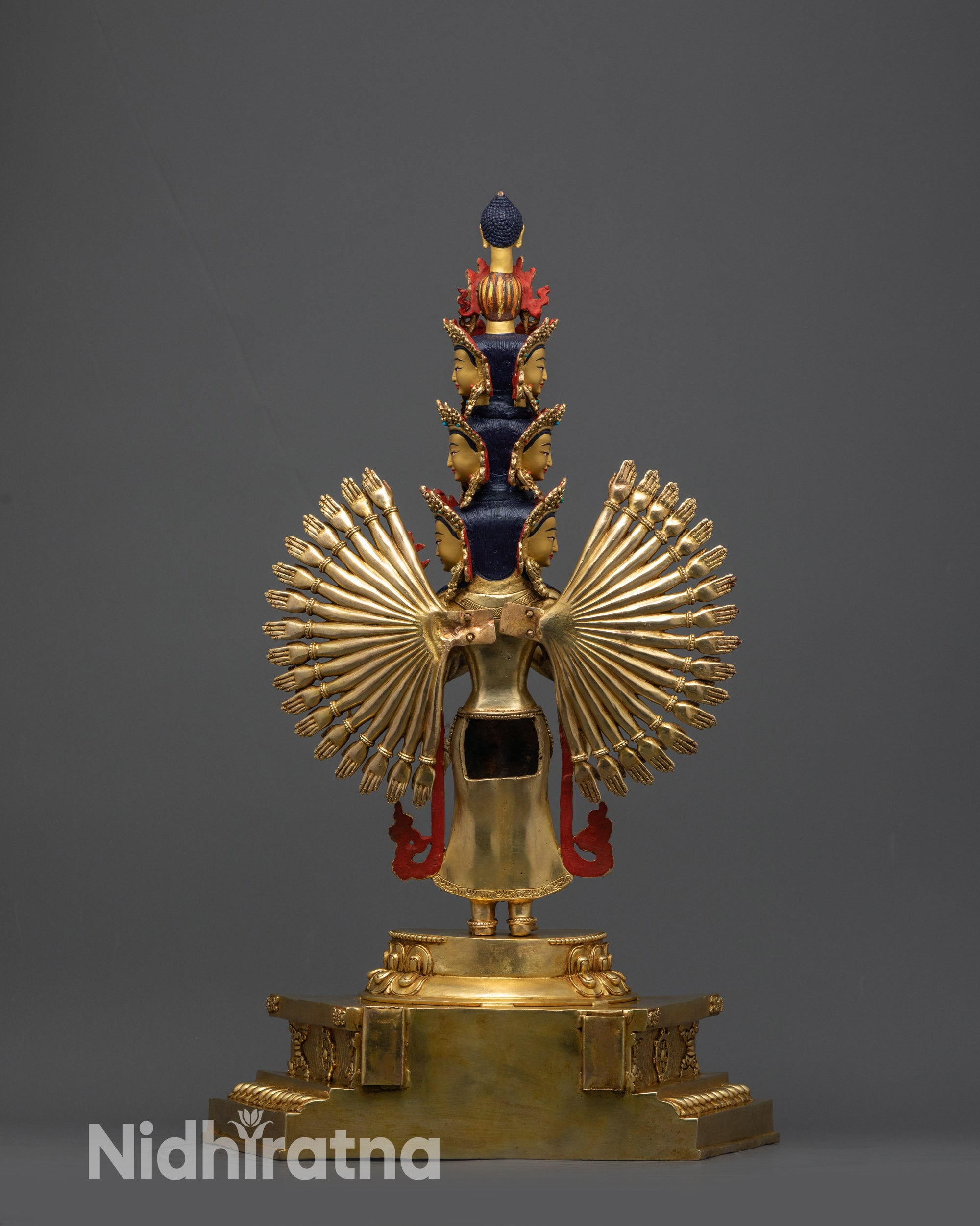 Back view 1000-Armed Chenrezig Statue highlighting intricate carvings and crown details