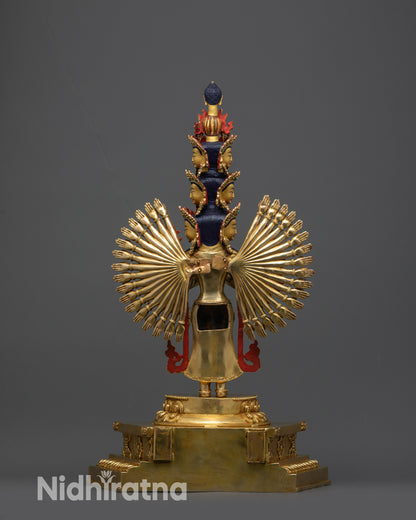 Back view 1000-Armed Chenrezig Statue highlighting intricate carvings and crown details