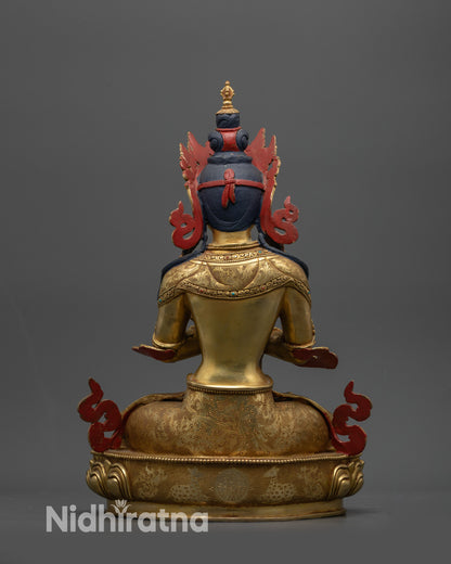 Back view 24K Gold-Gilded Vajradhara Statue with patterned lotus seat jewelry