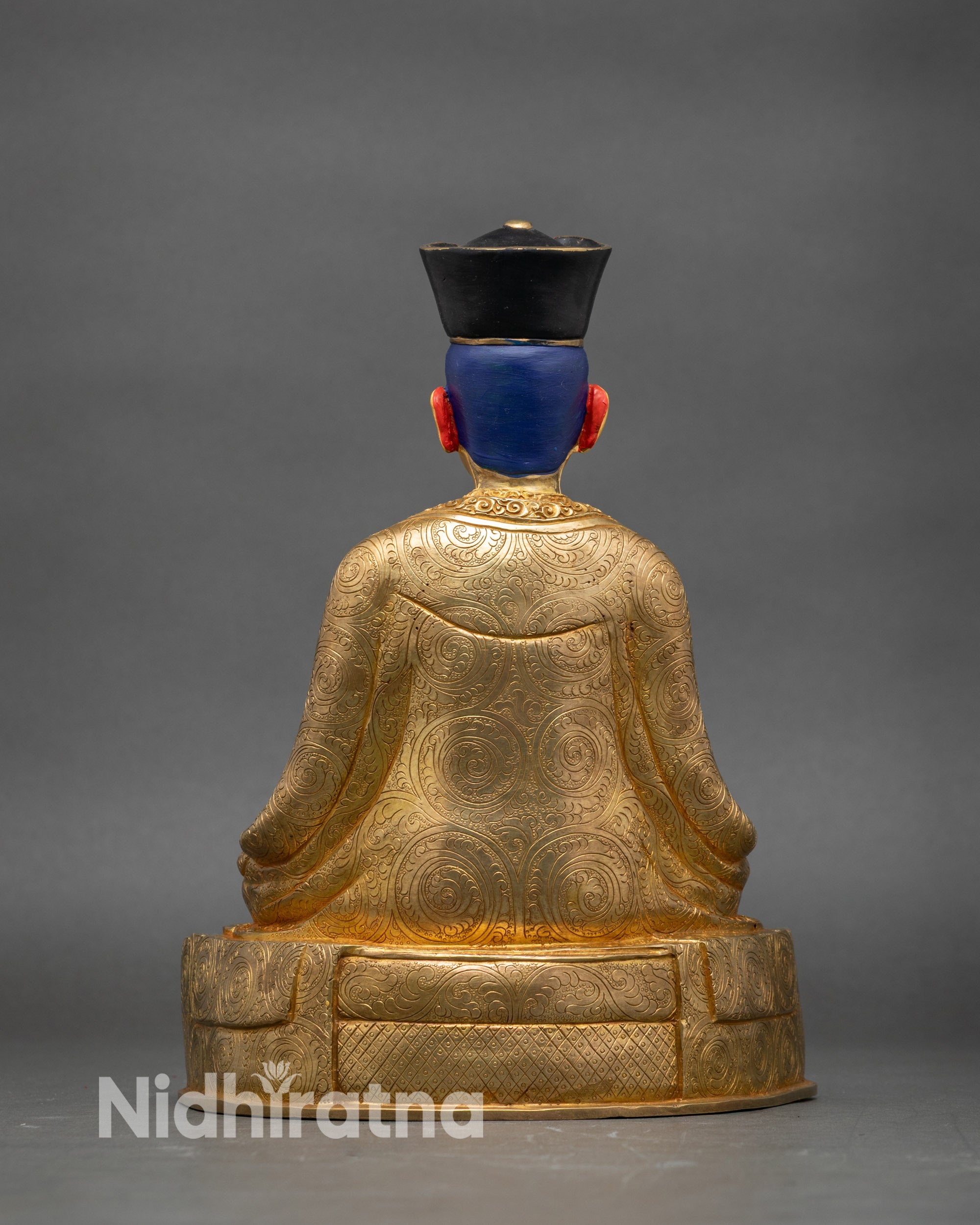 Back view 2nd Karmapa Karma Pakshi statue monk robe carving gold gilded copper