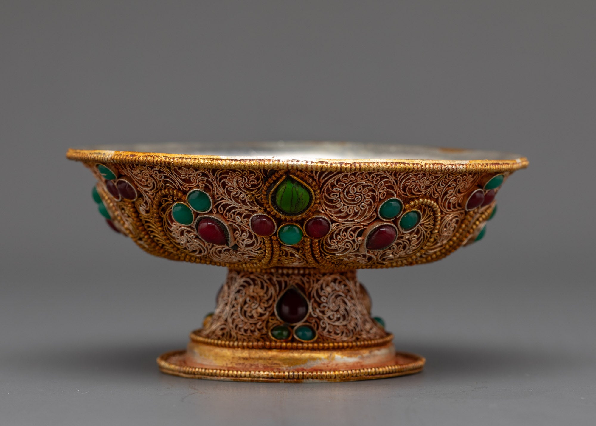 Back view 6-inch Tibetan Serkyem Offering Bowl showcasing copper base and intricate patterns