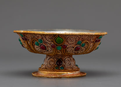 Back view 6-inch Tibetan Serkyem Offering Bowl showcasing copper base and intricate patterns