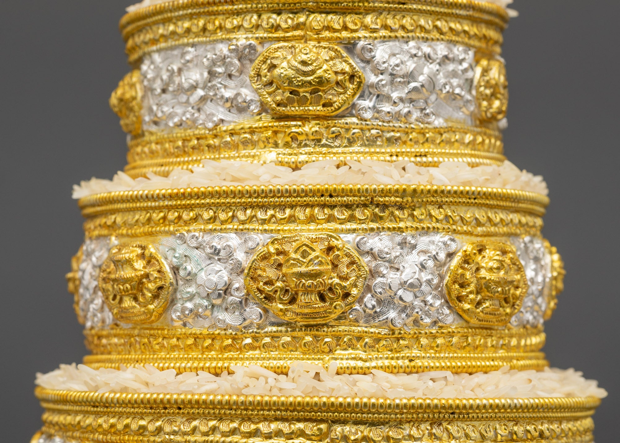 Back view 6" Tibetan Mandala crowned with wisdom wheel, gold and silver accents