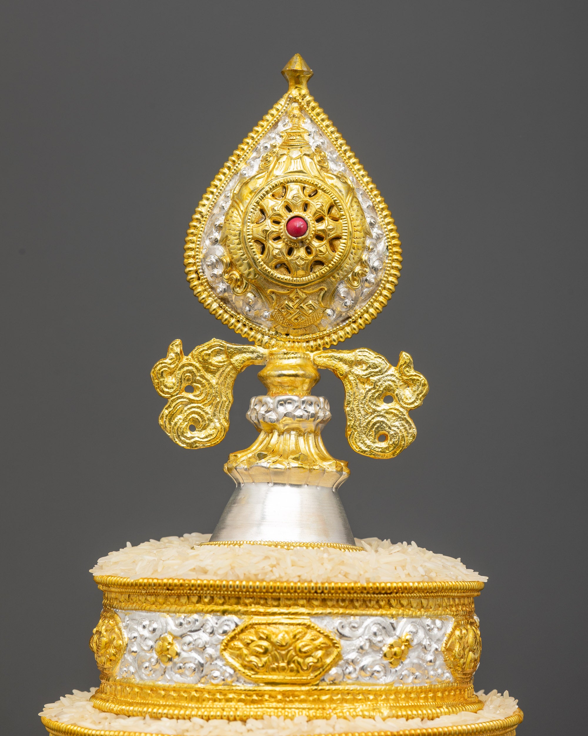 Back view 8" Tibetan Mandala Set highlighting sculpted four-sided elevated base