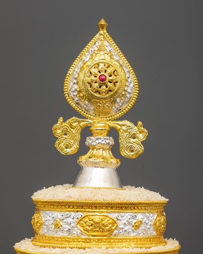 Back view 8" Tibetan Mandala Set highlighting sculpted four-sided elevated base