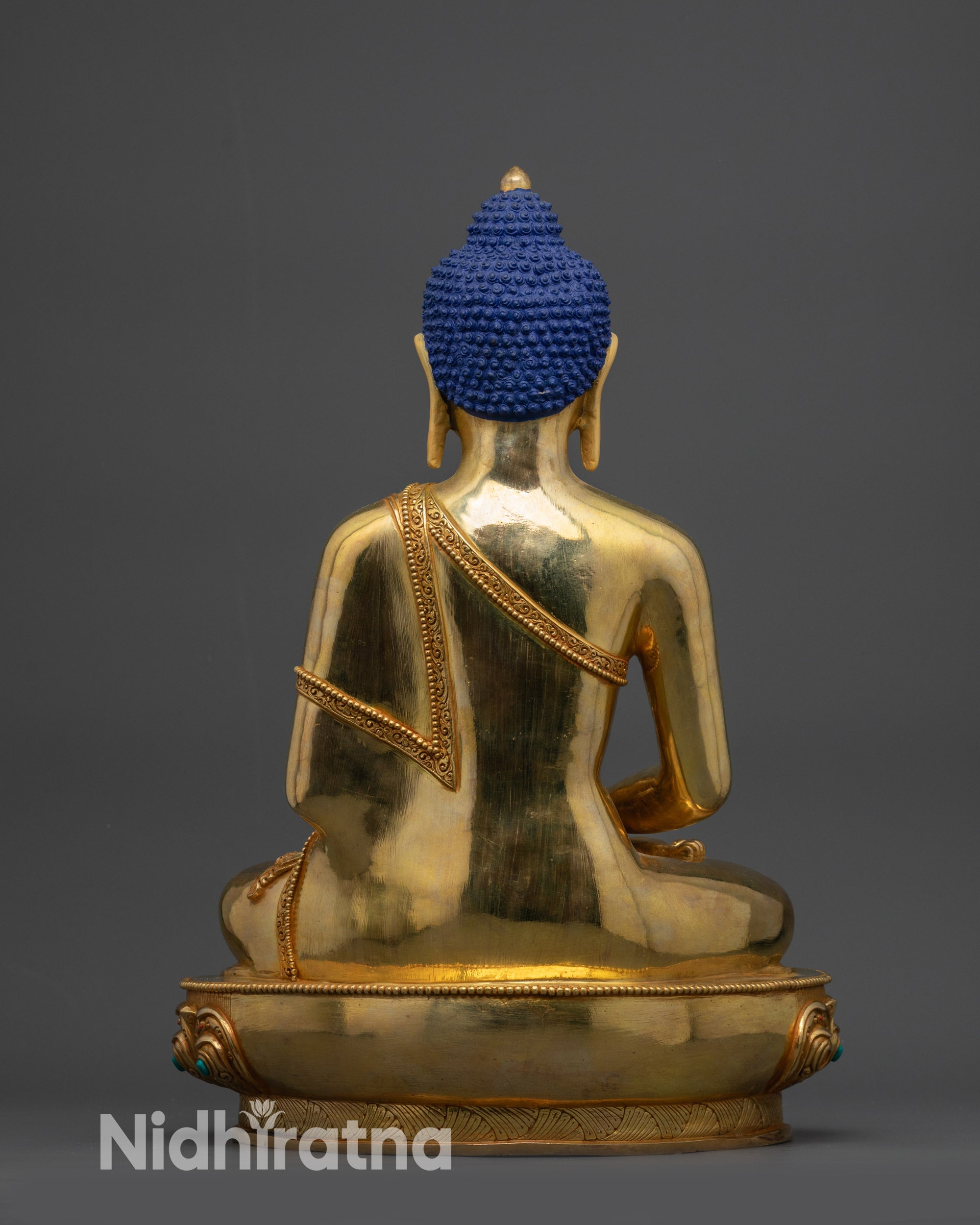 Back view Amida Nyorai Buddha statue highlighting detailed robe patterns and craftsmanship