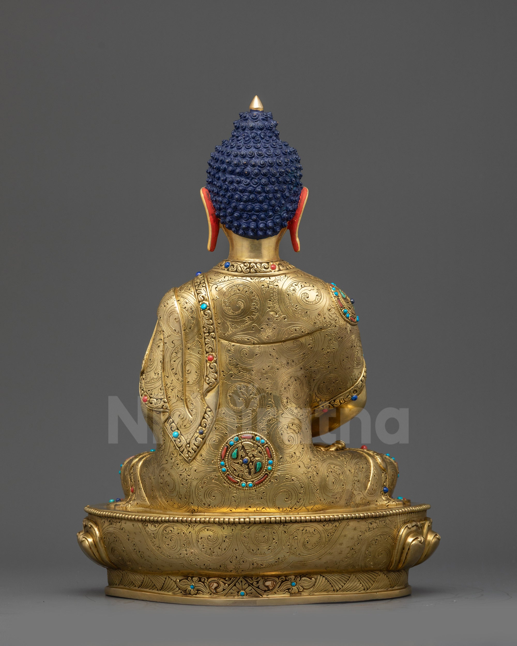 Back view Amitabha Buddha 24k gold-gilded copper statue showing robe and hollow chamber