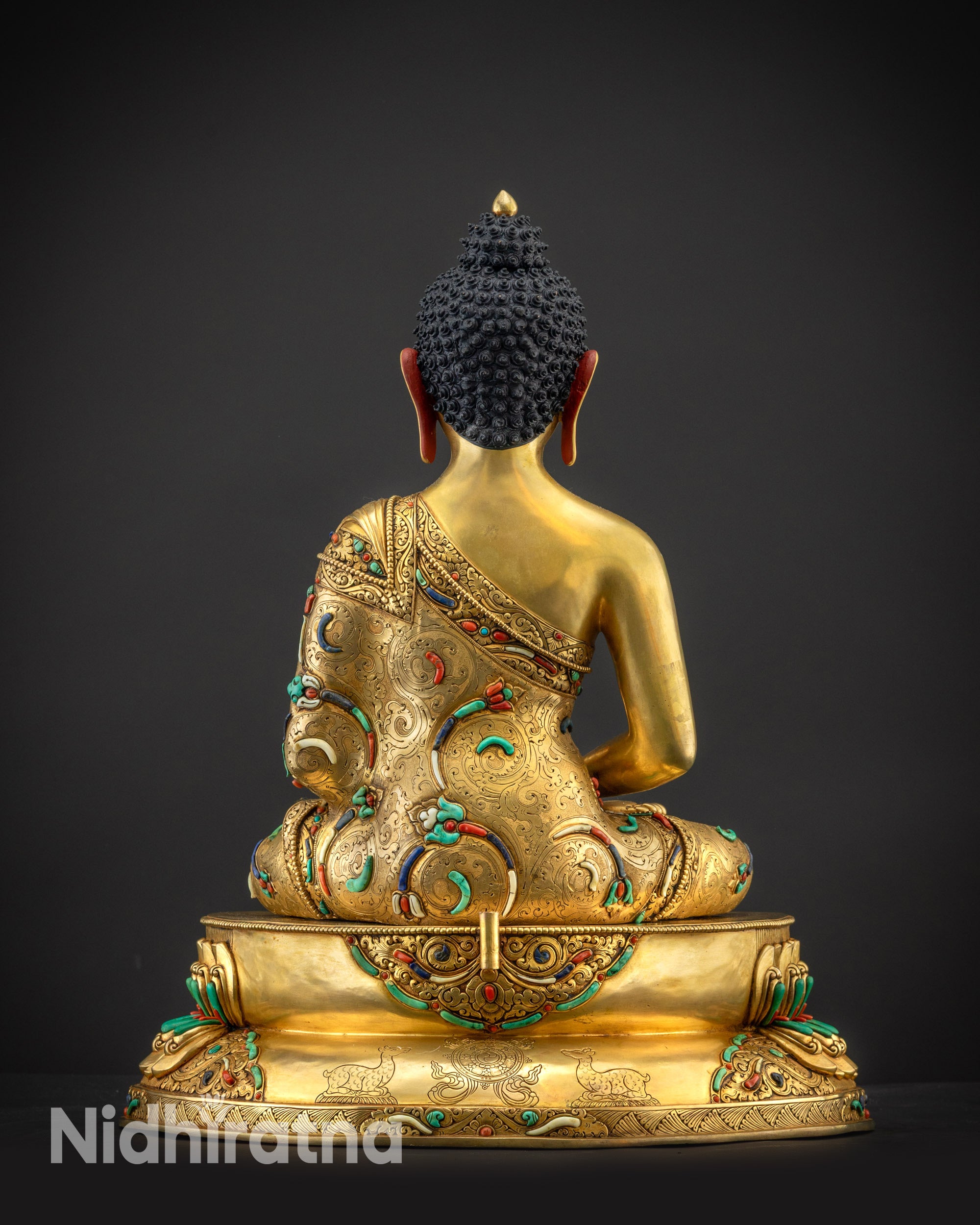 Back view Amitabha Buddha Statue without halo, intricate robe and lotus base
