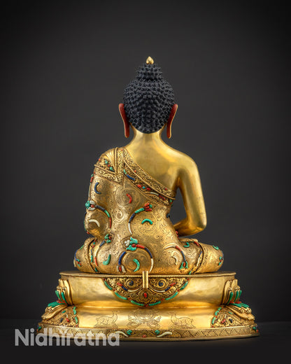 Back view Amitabha Buddha Statue without halo, intricate robe and lotus base
