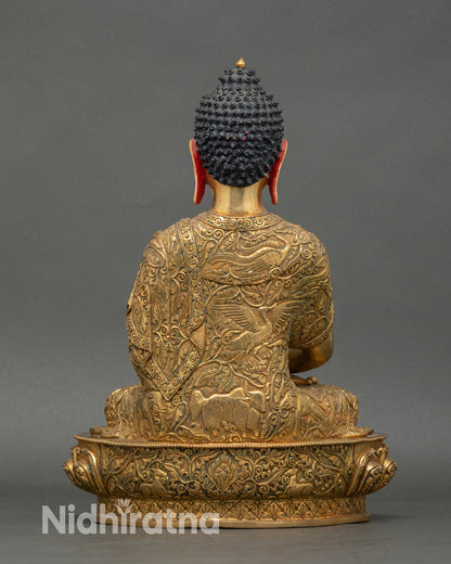 Back view Amitabha Buddha statue with deer, elephant, and bird carvings, spiritual symbolism