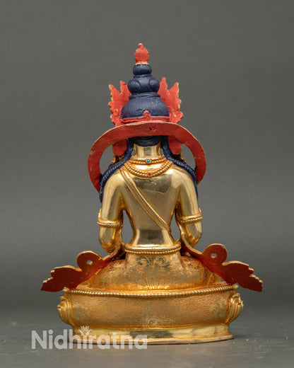 Back view Amitayus Buddha Statue showing intricate carvings and moon disc pedestal