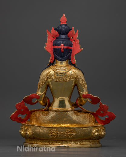 Back view Amitayus Buddha statue detailed robes sacred symbolism spiritual blessings