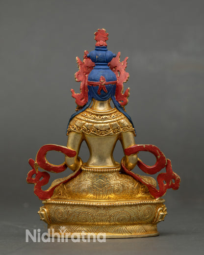 Back view Amitayus Buddha statue, gold-gilded copper, handmade by Newari artisan from Patan