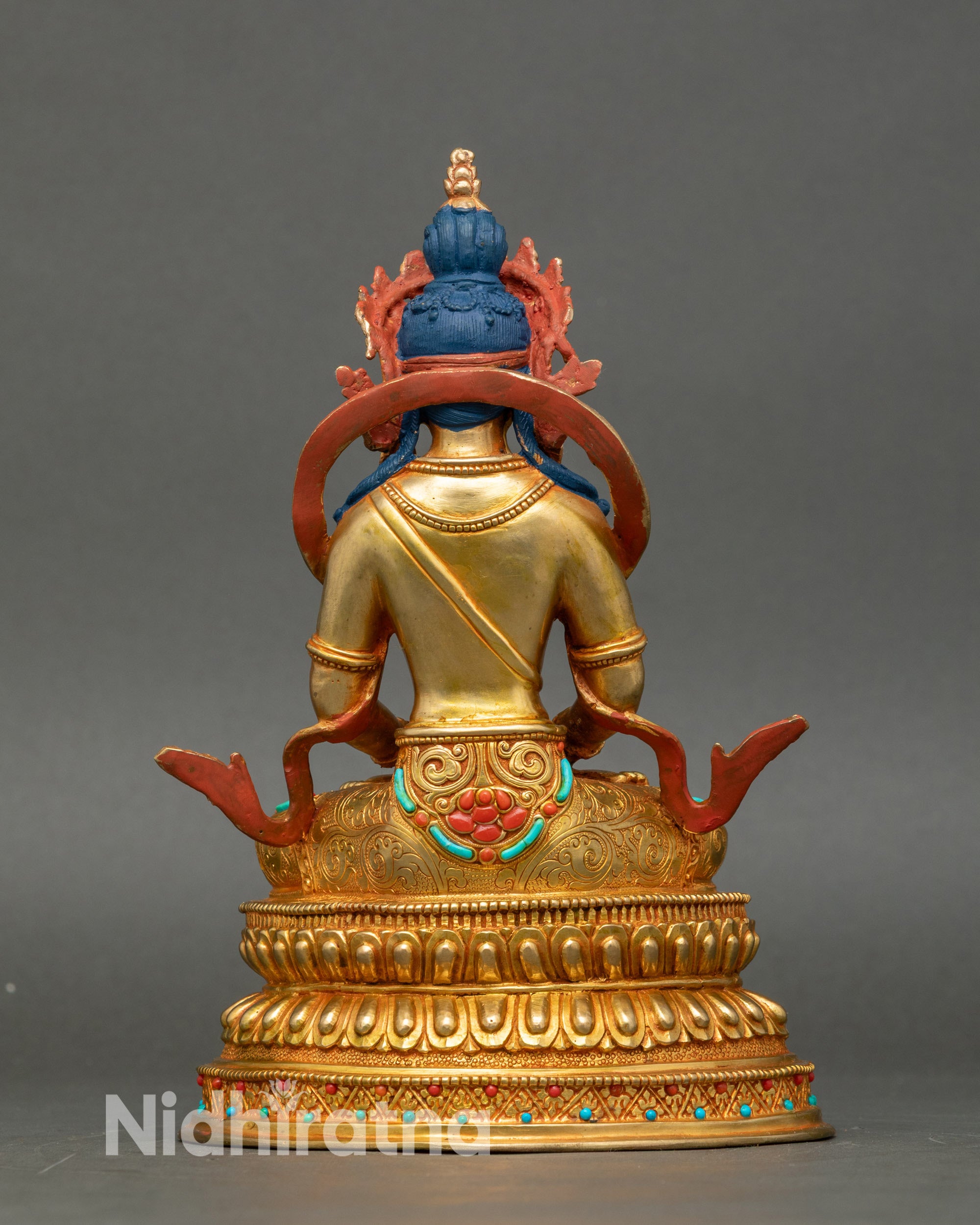 Back view Amitayus Buddha statue, lotus pedestal, fire-gilded copper, sacred Buddhist décor