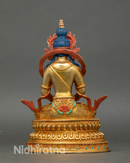 Back view Amitayus Buddha statue, lotus pedestal, fire-gilded copper, sacred Buddhist décor