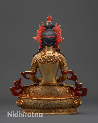 Back view Amitayus Buddha statue revealing carved robe and decorative halo