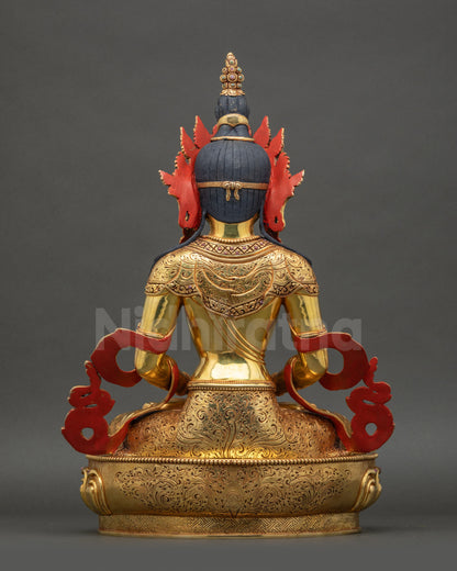 Back view Amitayus Buddha statue showing carved robes and detailed pedestal artwork
