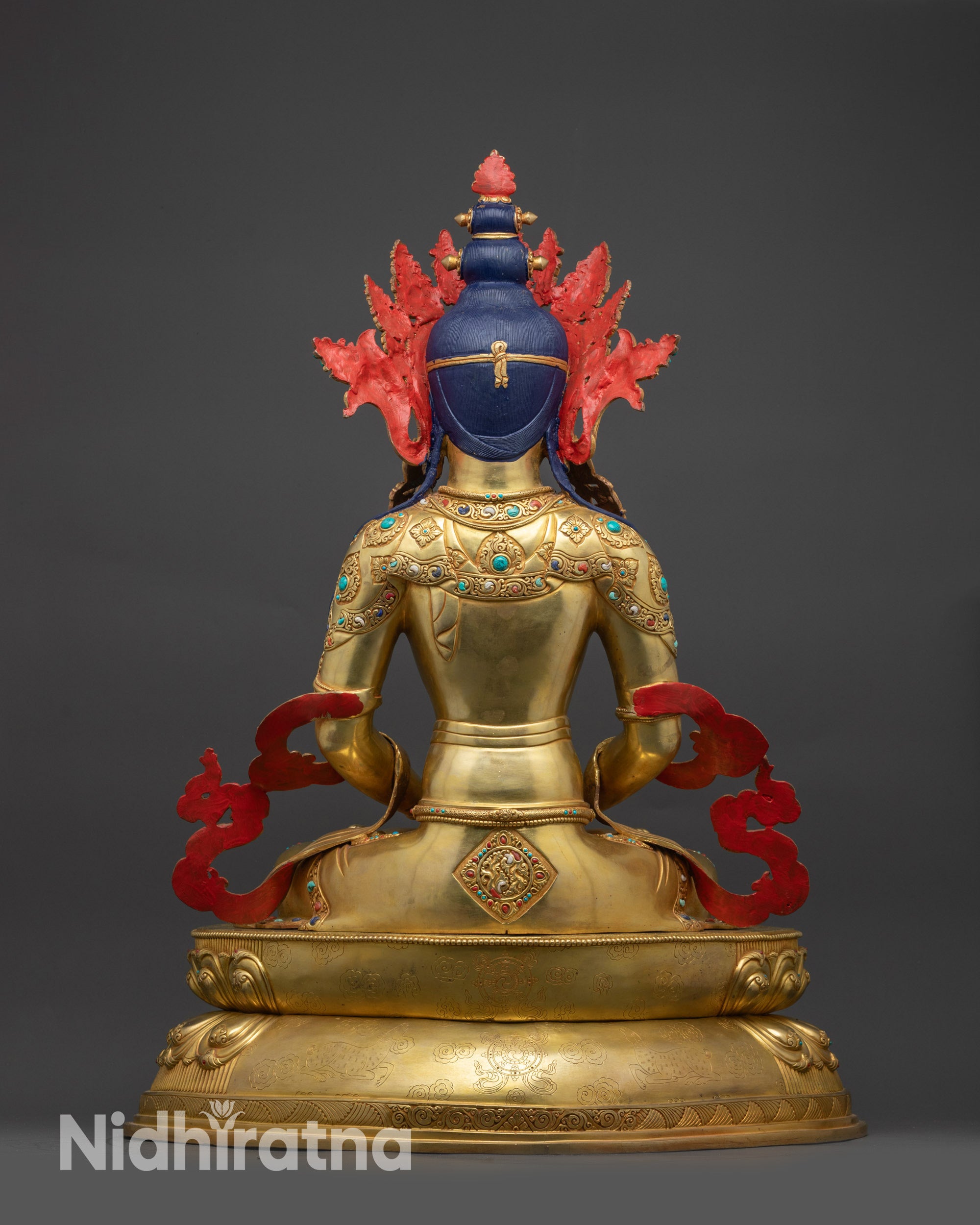 Back view Amitayus Buddha with detailed carvings and double-layered lotus base