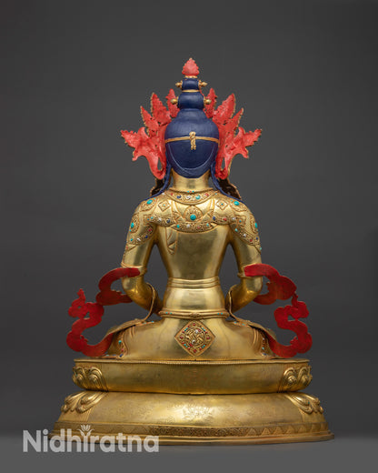 Back view Amitayus Buddha with detailed carvings and double-layered lotus base