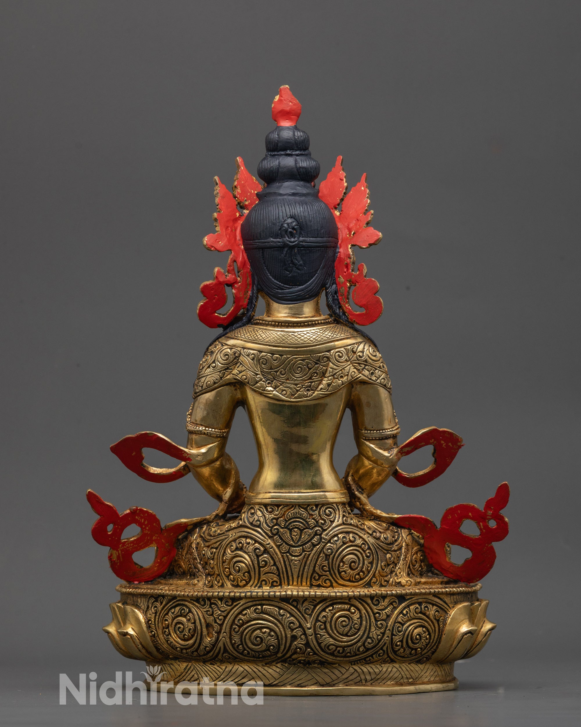 Back view Amitayus Statue highlighting 24k fire gilded copper and artisan Nepalese work