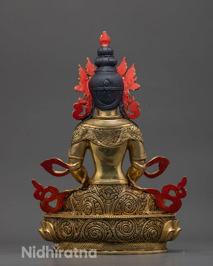 Back view Amitayus Statue highlighting 24k fire gilded copper and artisan Nepalese work