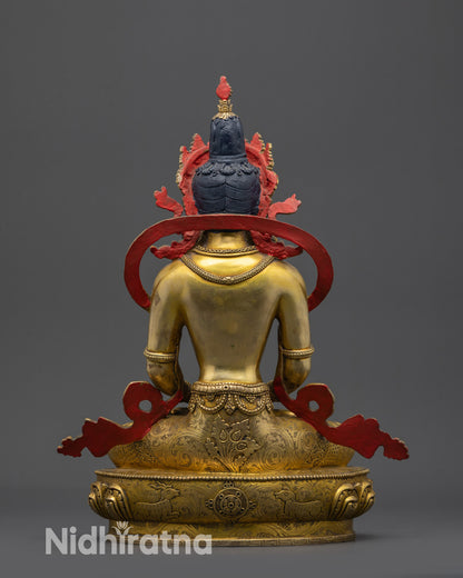 Back view Amitayus Statue highlighting gold fire-gilded copper body patterns