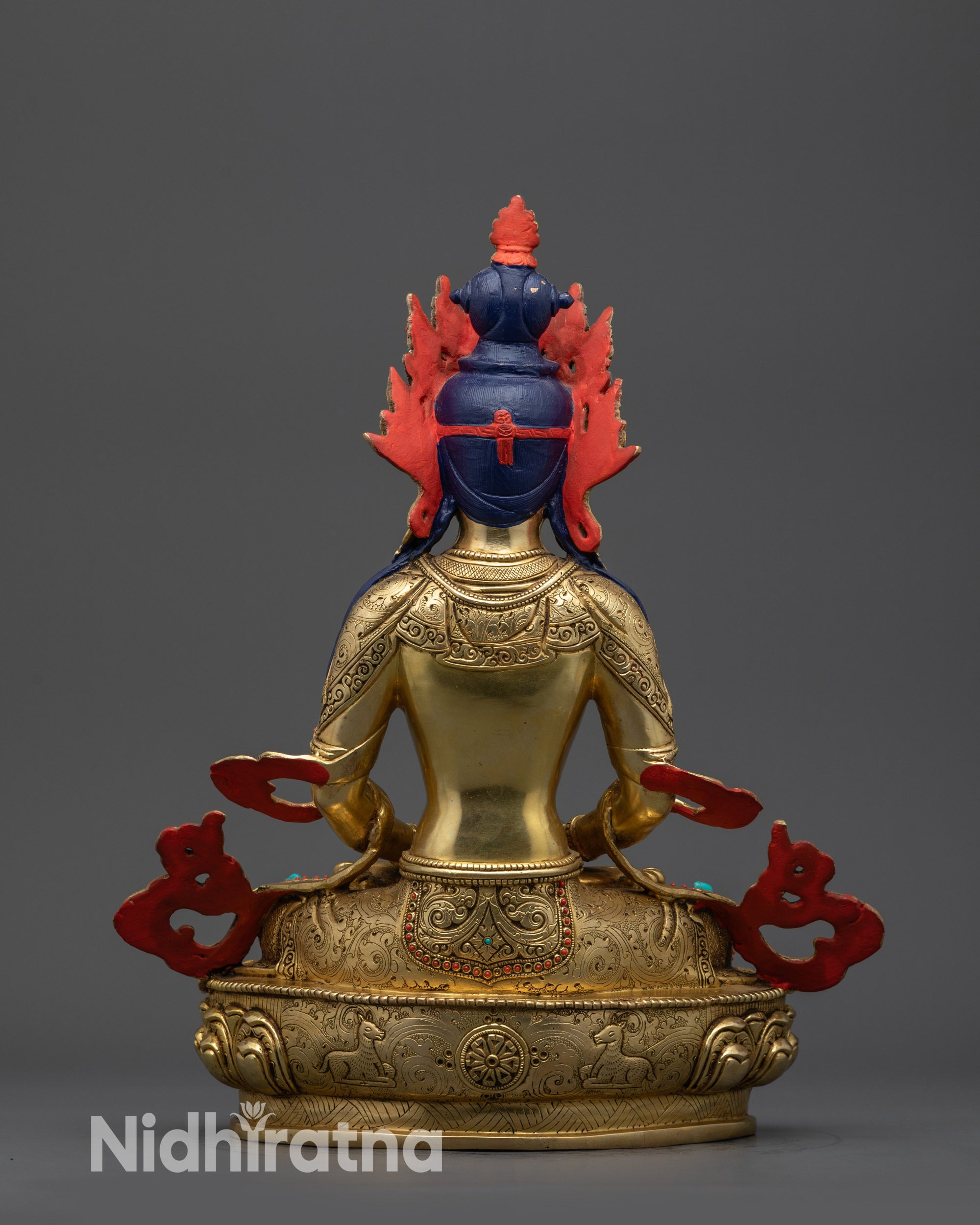 Back view Amitayus Statue intricate robe carvings and detailed lotus pedestal design