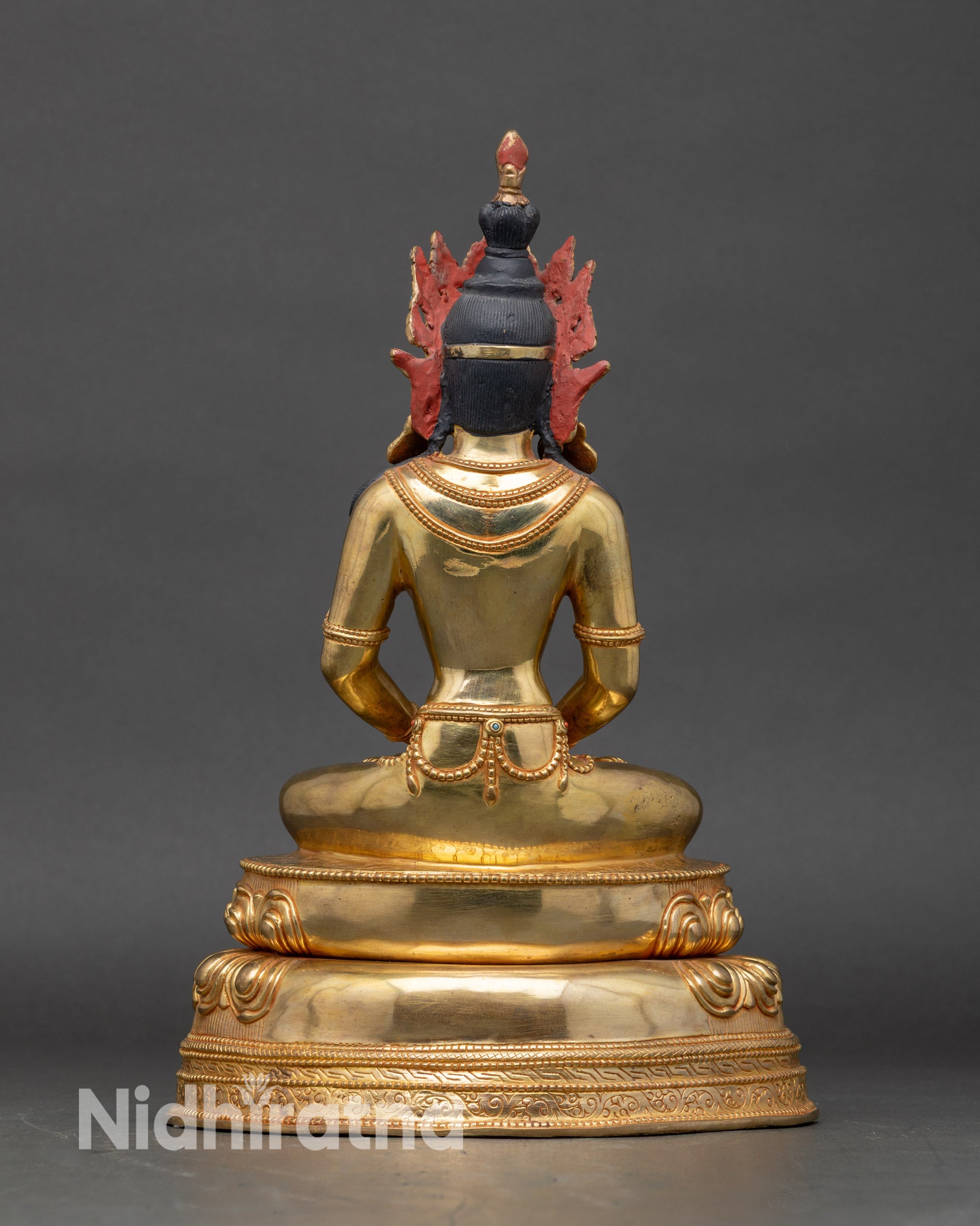 Back view Amitayus copper Buddha statue handmade Nepal Tibetan Buddhist altar art