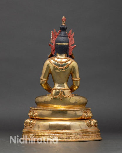Back view Amitayus copper Buddha statue handmade Nepal Tibetan Buddhist altar art